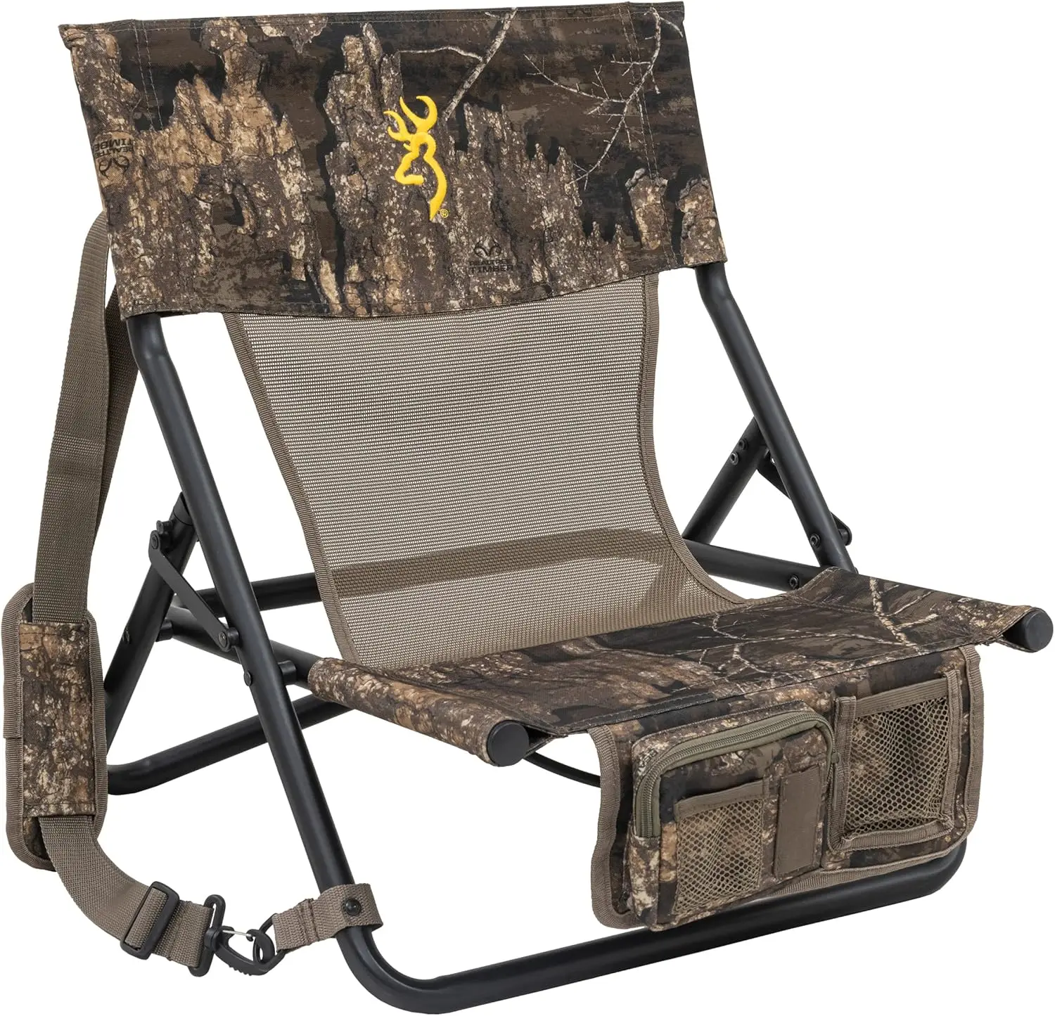 

Low-Profile Woodland Hunting Chair With Flat-Folding Design, Durable Steel Frame, Hanging Call Organizer Pocket, And Padded