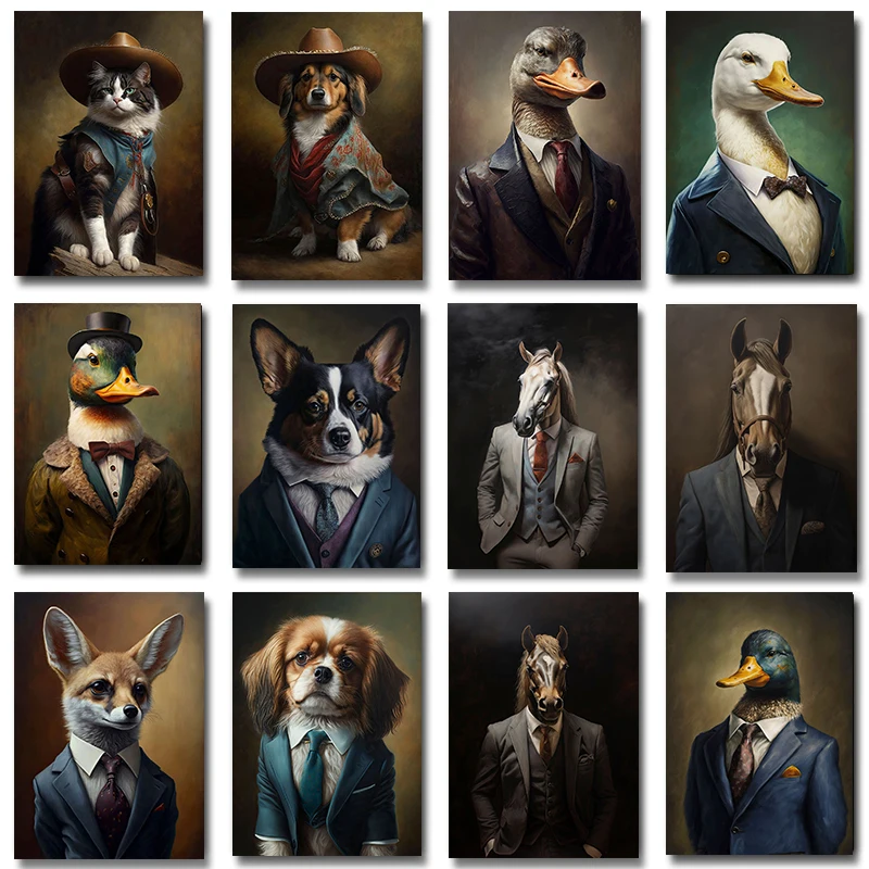 Renaissance Aristocrat Suit Duck Dog Cat Horse Poster Print on Canvas Painting Wall Art Picture Room Home Decor Cuadros