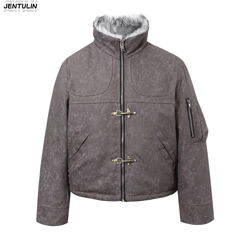 American Vintage Heavyweight Denim Cotton Jacket With Multi-Metal Zipper Aircraft Buckle Short Style Functional Cotton Outerwear