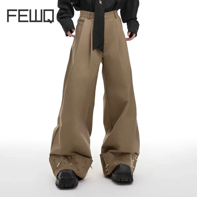 

FEWQ Niche Loose Metal Rivet Design Trousers Drooping Feeling Wide Leg Casual Pants 2024 Solid Color Male Trouser 24E2171