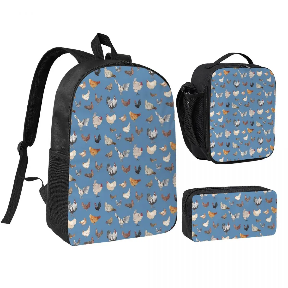 

Chicken Happy Print Backpack Student Boys Girls BookBag School Bag Computer Shoulder Bags 3ps Insulated Lunch Bag Pencil Case