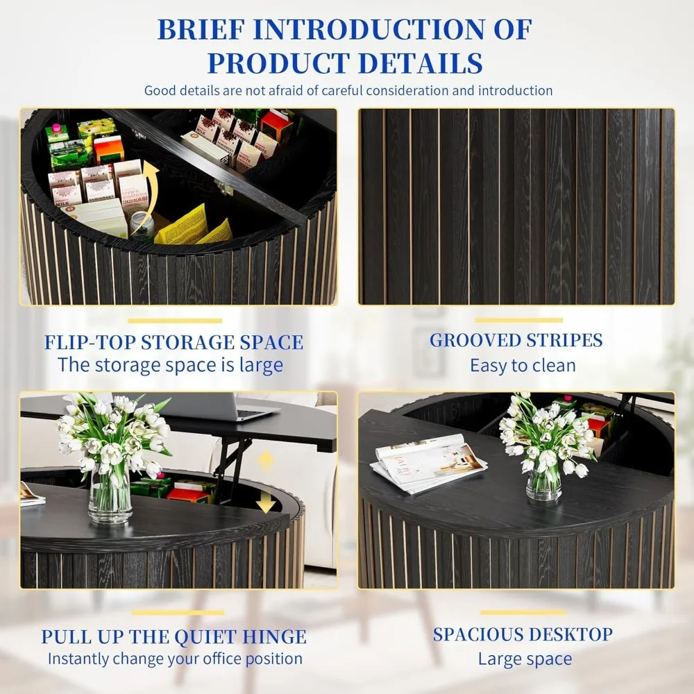 طاولة قهوة مع مساحة تخزين، طاولات قهوة مستديرة للمزرعة مقاس 31.5 بوصة لغرفة المعيشة، طاولات مركزية خشبية حديثة مع