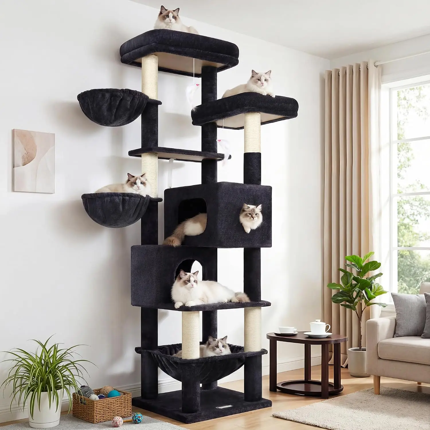 Árbol para gatos de 73" para gatos grandes de más de 20 libras con 5 postes rascadores y hamaca, torre resistente para gatos adultos Maine Coon, gris oscuro, personalizado.