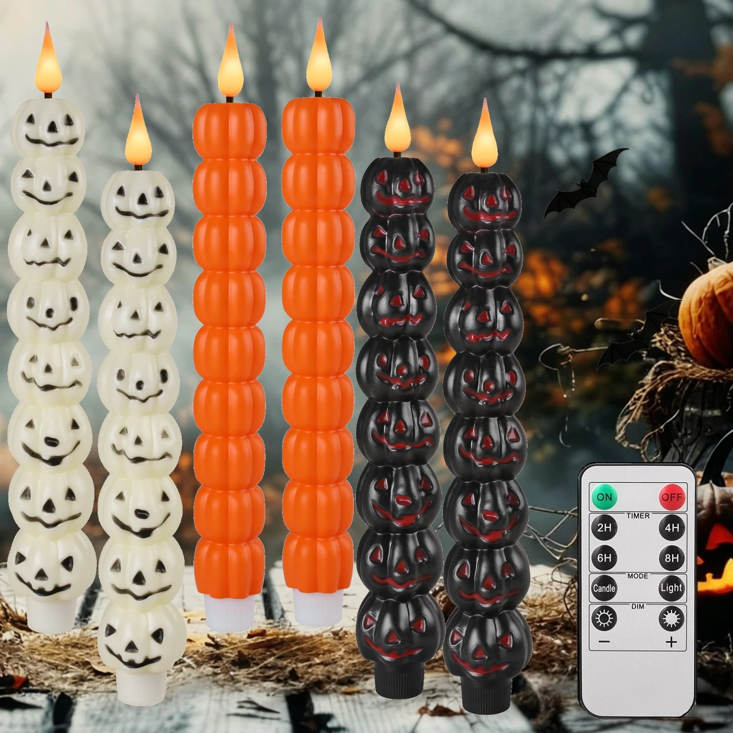 Pumpkin Halloween Flameless Taper Candles with Remote Flickering Spooky LED Candlesticks Battery Operated Candle Halloween Decor
