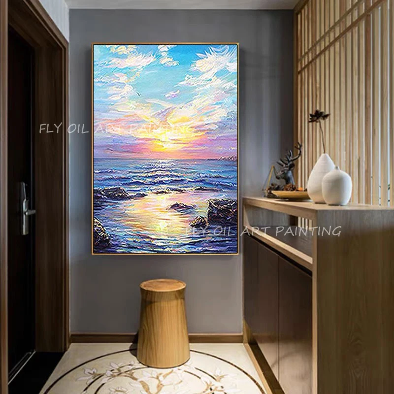 

Large Size 100% Handpainted ocean colorful sky with sunset seaside landscape oil painting for home living room as a gift