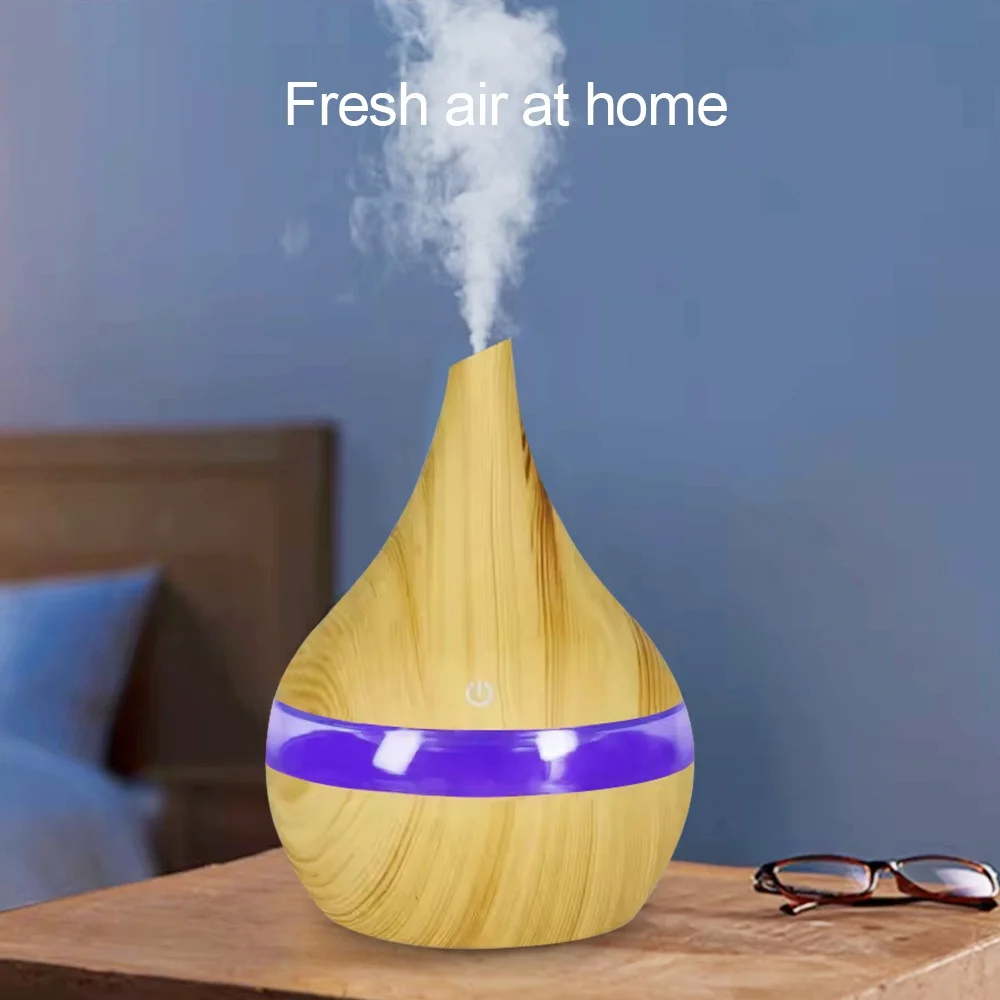 HONSUN USB Mini Portable Humidifier with LED Light, 300ml Indoor Room Humidifier, Wood Grain Ultrasonic Aroma Diffuser, DC5V USB Powered, 4H Auto Shut Off, 7 Color Changing Night Light, Quiet Mist Humidifier for Bedroom Office Home