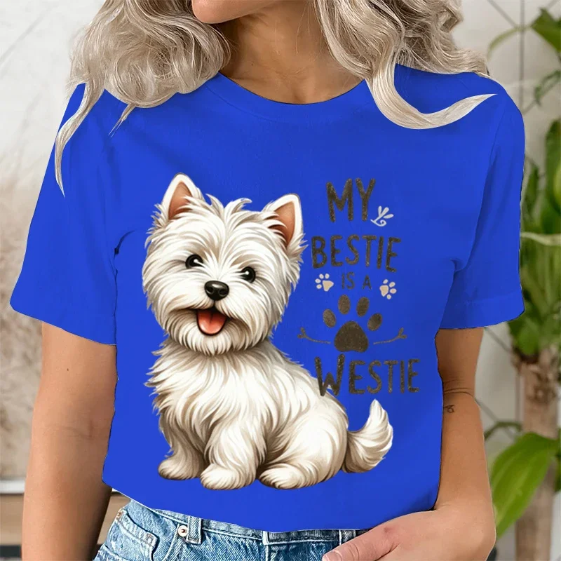 My Bestie Is A Westie Cute Dog Breeds Quotes T-shirt Women Funny Dog Paw Prints Tee Cartoon Animal Lover Gift Funny Tshirt Women