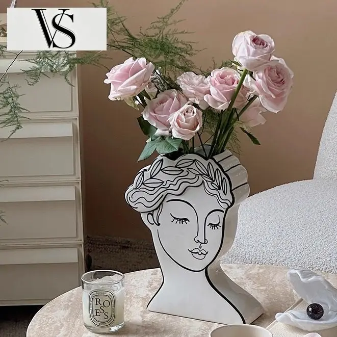 Feminine 2D Woman Portrait European Vase Floral Floral Arrangement Flowerpot Vases Vase Ceramic Abstract Lines, Retro Style,