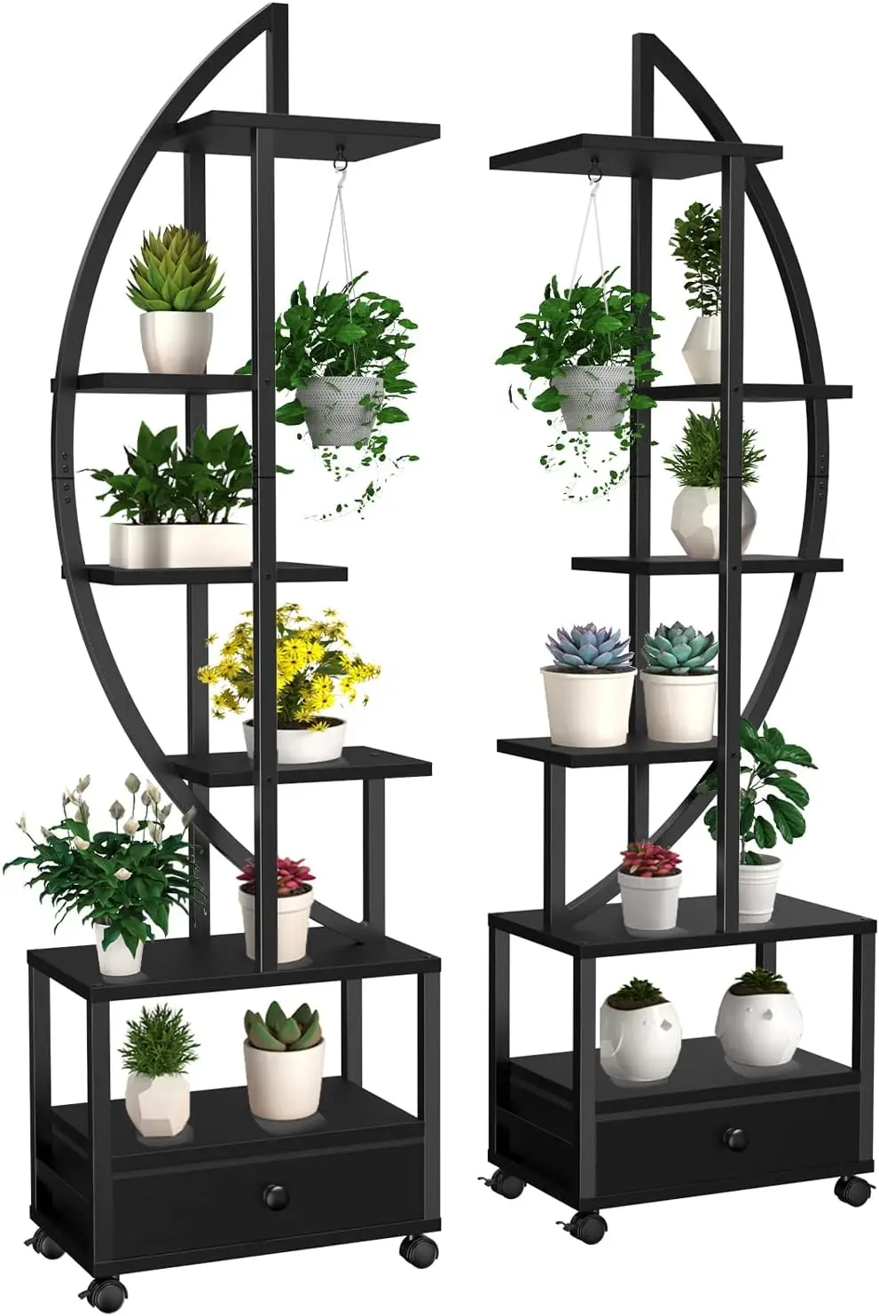 FRIZIONE 2 Pcs 6 Tier Tall Metal Indoor Plant Stand with Detachable Wheels, Half-Moon-Shaped Plant Shelf Holder with Drawer,