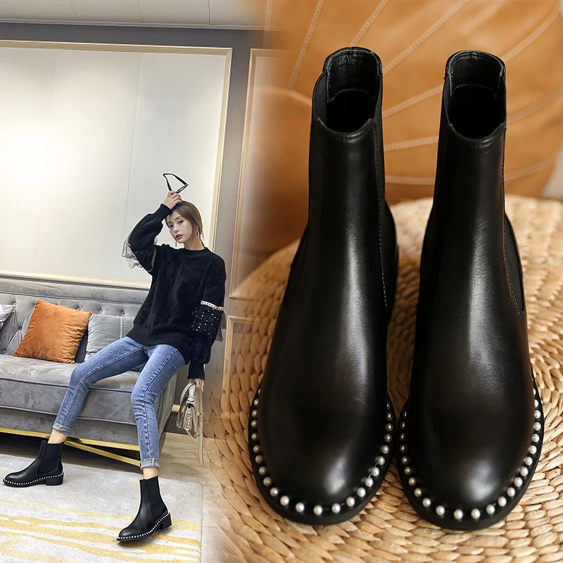 Autumn and winter Women ankle boots natural leather plus size 22-26.5CM cowhide upper full leather pearl chain Chelsea boots