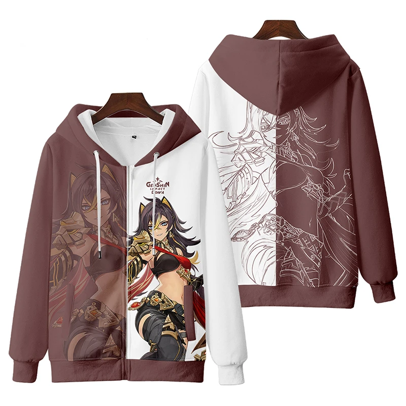 Sweat à capuche zippé imprimé 3D Genshin Impact Game pour hommes et femmes, sweat-shirt Y2K, Streetwear, Hip Hop, Dehya Cosplay, veste à capuche zippée, chaud