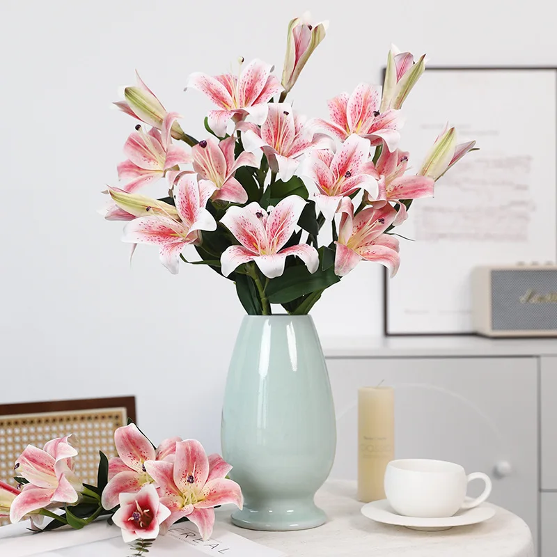 5 Stück Künstliche 3D-Druck 3-Köpfige Lilien, Kunstblumenstrauß für Wohnzimmerdekoration, Hochzeit, Blumenarrangement, Partydekoration – Detail 1