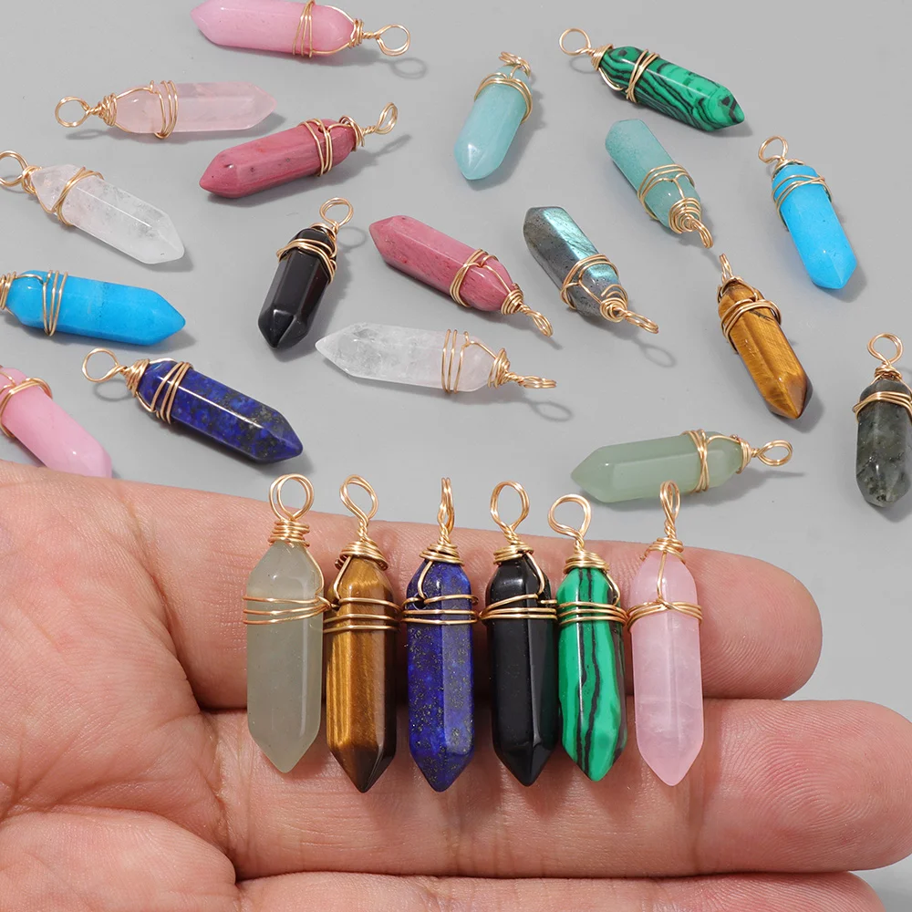 5pcs Wire Wrapped Hexagonal Pendant Natural Labradorite Quartzs Pointed Bullet Stone Pendulun Charms For Necklace Earrings DIY