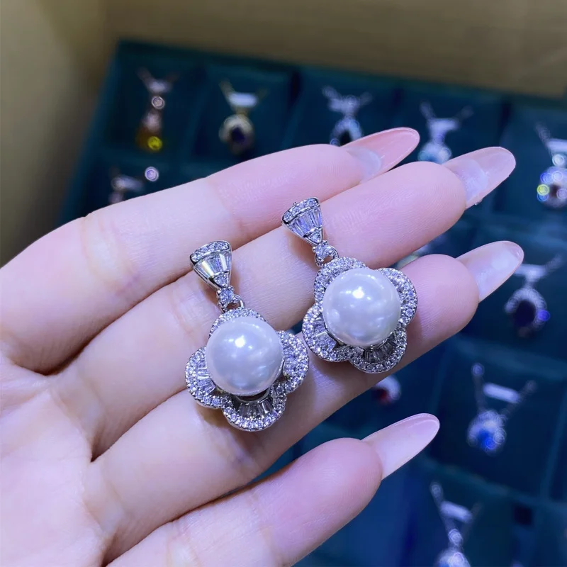 Natural Shell Comparable to Pearl Flower Full Diamond Open Ring for Women Elegant Noble Pendant Earrings Set