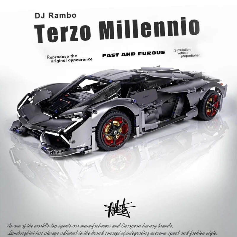 Technical 1:8 Lambo Terzo Millennio Black Sport Car Building Blocks DJ Rambo Assemble Bricks Toys For Adult Kids Christmas Gifts