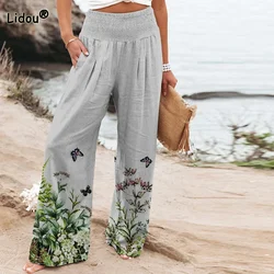 Fashion Printing Pockets Straight Trousers Spring Street Casual Summer Elastic High Waist Loose Wide Leg Pants Women's Clothing