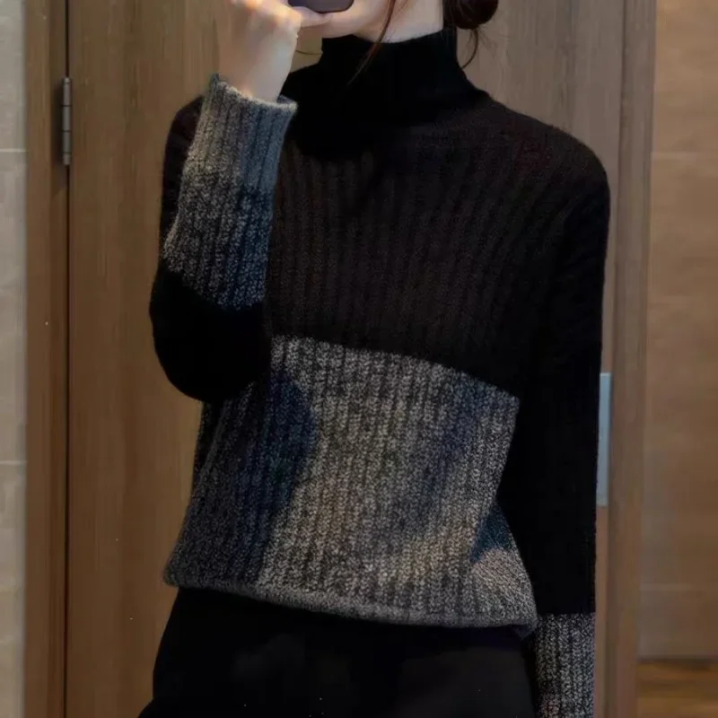 韓国ファッション タートルネック ニット プルオーバー レディース 2025 新作 秋冬 長袖 ラフ カラーブロッキング セーター カジュアル ジャンパー