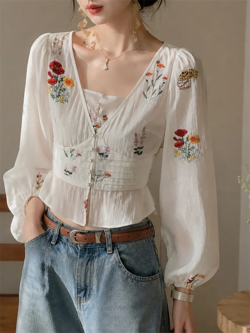 Women French Floral Embroidered Blouse V‑Neck Puff Long Sleeve Pearl Button‑Up Ruched Waist Cropped White Top