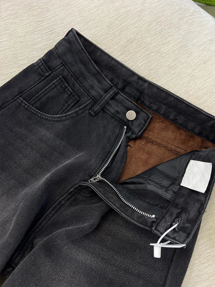High Waist Wide Leg Fce Lined Thiened Warm Denim Jeans Women Loose Slimming Straight Cut Slim Fit Casual Trousers