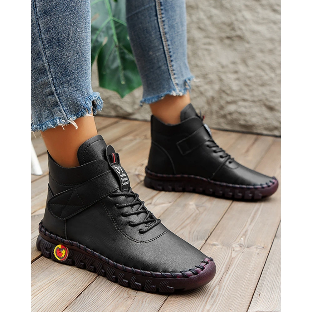 Fashion Women High Top Lace Up Boat Sneakers Autumn Winter Warm Going Out Femme Casual Hand Sewn Thread Fleeces Inside Shoes