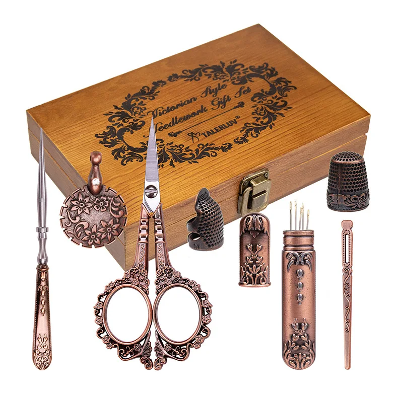 

Набор ножниц для вышивания в европейском стиле, старинные швейные наборы, деревянная коробка, ретро швейная коробка, принадлежности для рукоделия, швейные инструменты