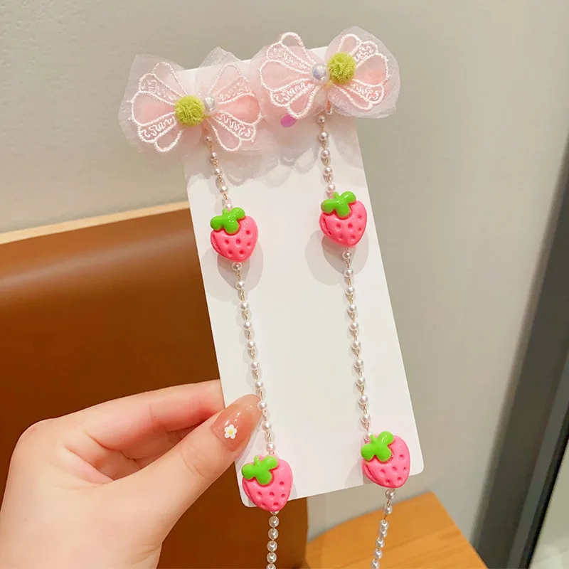 Colorful flowers children braided hair chain pearl tassel hairpin cute baby girl princess fruit braided hair accessories gift