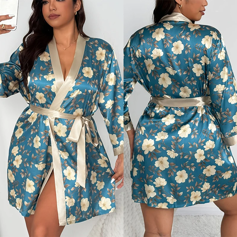 

Большой размер 3Xl 4Xl 5Xl халат атласная одежда для сна теплая домашняя одежда сексуальная домашняя одежда с принтом ночная рубашка короткое кимоно интимное белье