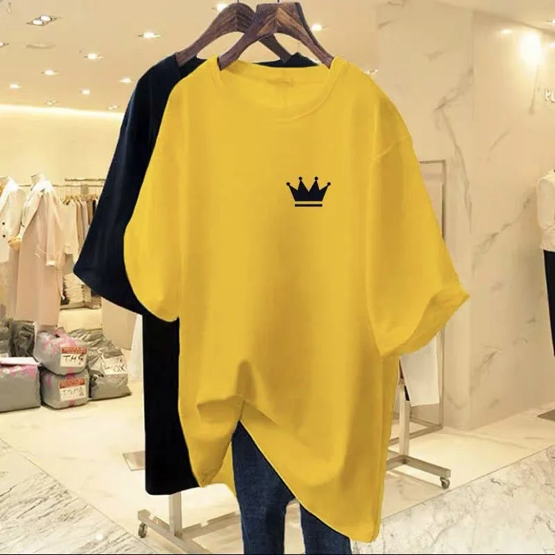 

Summer Pure Cotton Casual Loose T-shirt Women Clothing Fashion Crown Printing Basics Tees O-neck Tops