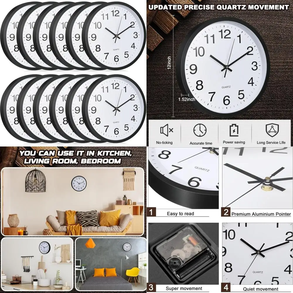 

Large 12 Quartz Analog Clock - Silent, Easy Read, Battery-Powered for Home, Office, and School