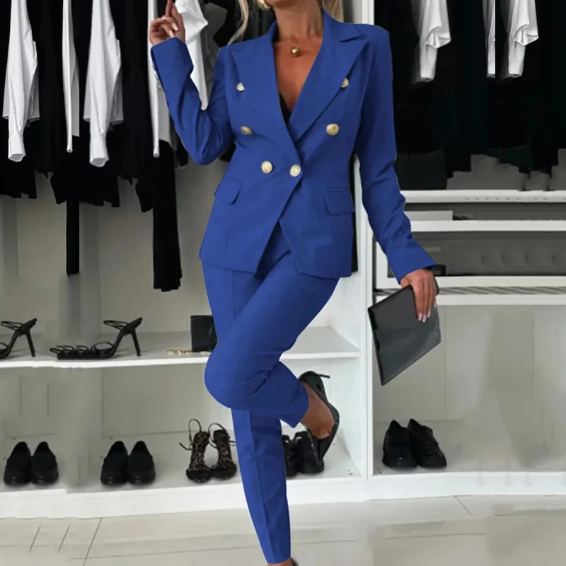 Autumn Fashion Button Commute Two Piece Sets Sexy V Neck Long Sleeve Tops+Pocket Pants Suit Elegant Solid Office Formal Outfits