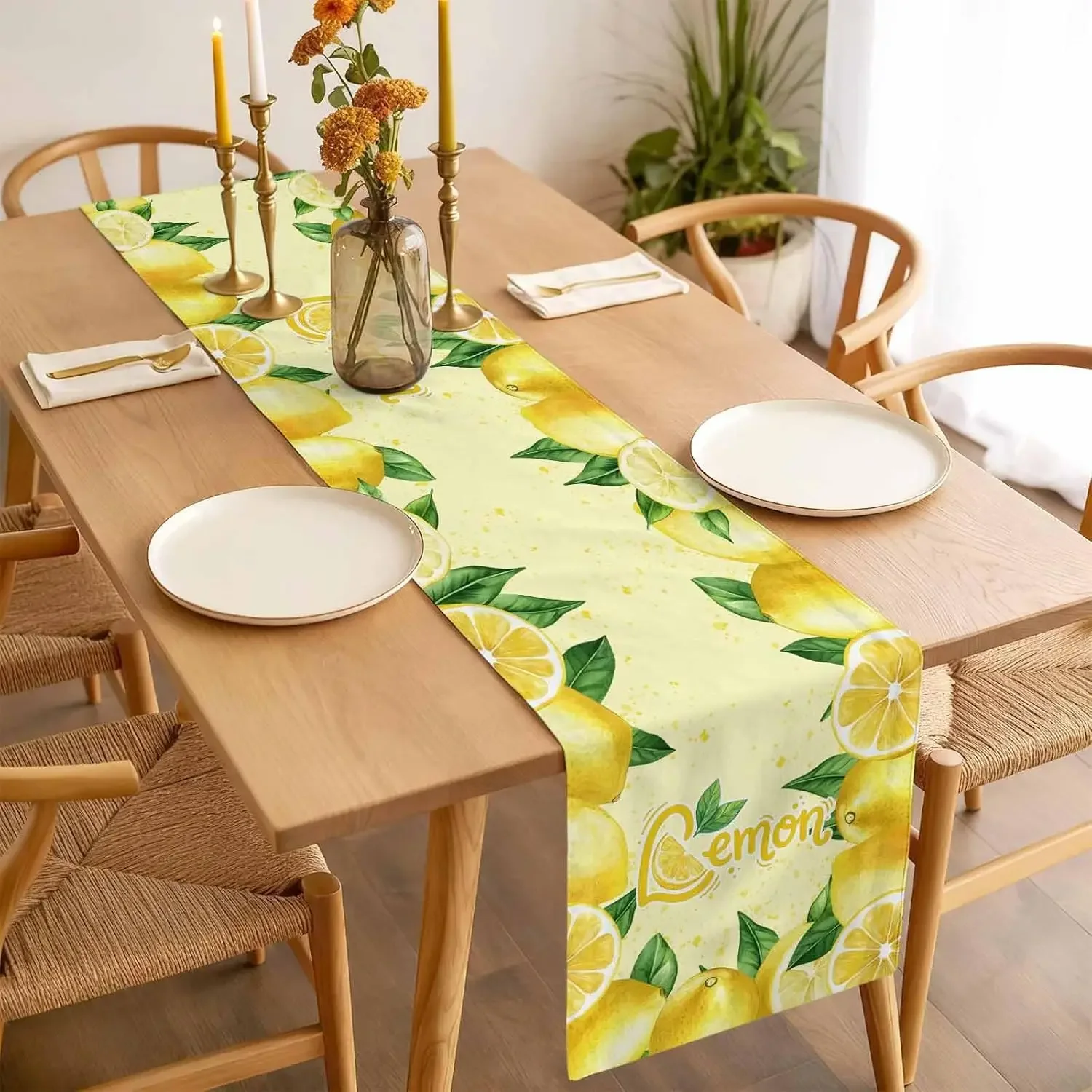 1pc Lemon Pattern Table Runner Yellow Fruit Print Table Cover For Dining Kitchen Party Decoration Tabletop Decor