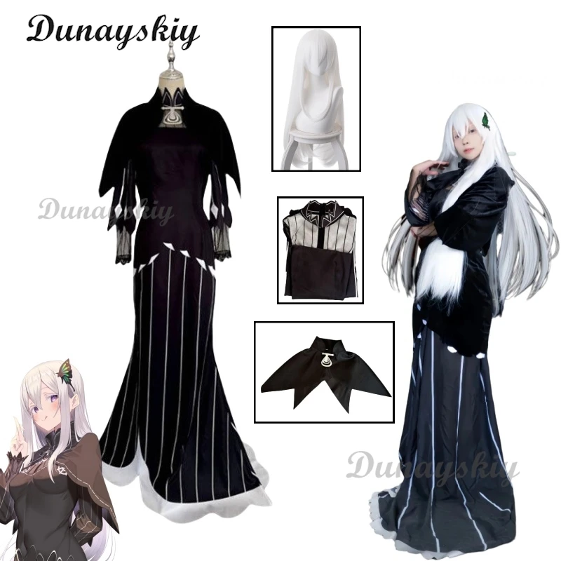 Anime Re: życie w innym świecie od zera Echidna przebranie na karnawał peruka garnitur czarna sukienka płaszcz peleryna Cheongsam Qipao