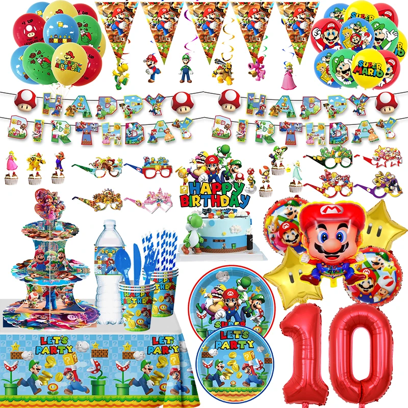 Super Mario Bros Birthday Party Decoration Mario Brother Theme Tableware Cup Plate Banner Balloon Tablecloth Kids Party Supplies