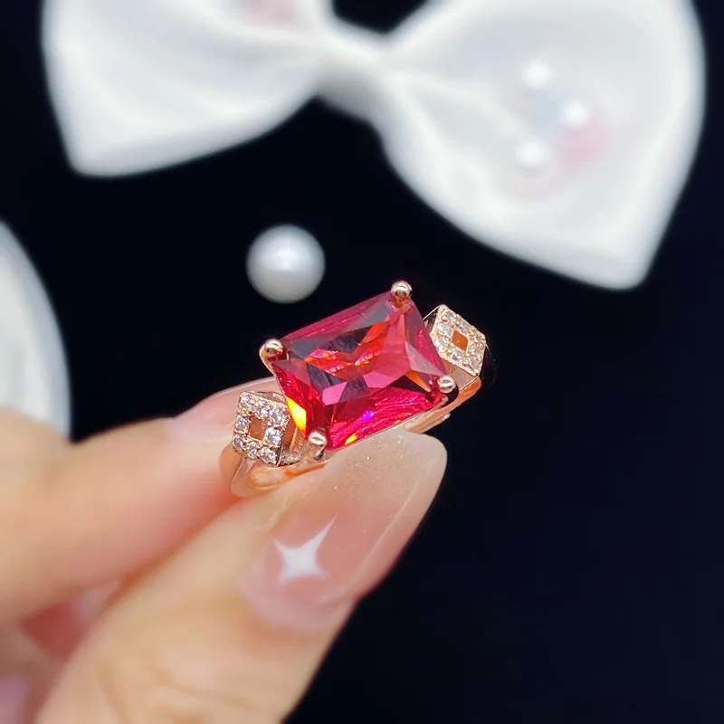 Geometric rectangular simulated ruby ladies' engagement ring - luxurious party fashion jewelry
