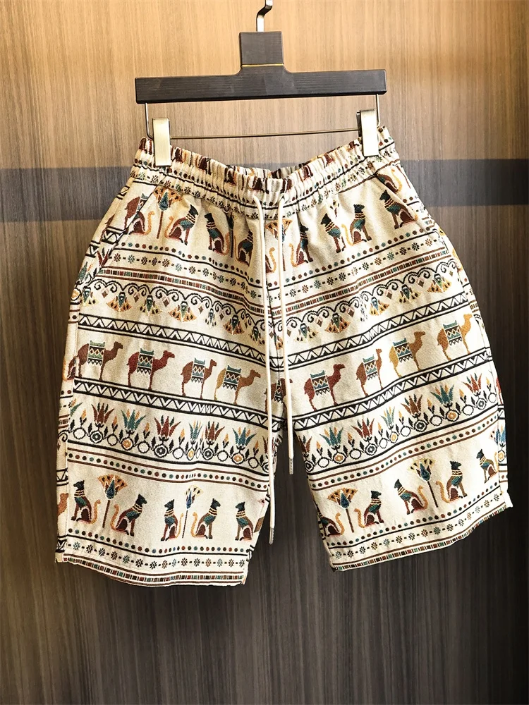 

Tutankhamun Floral! Ethnic Retro Sle! Summer 2025 Men's Japanese Knitted Casual orts Straight Leg Elastic Waist Urban Fas...