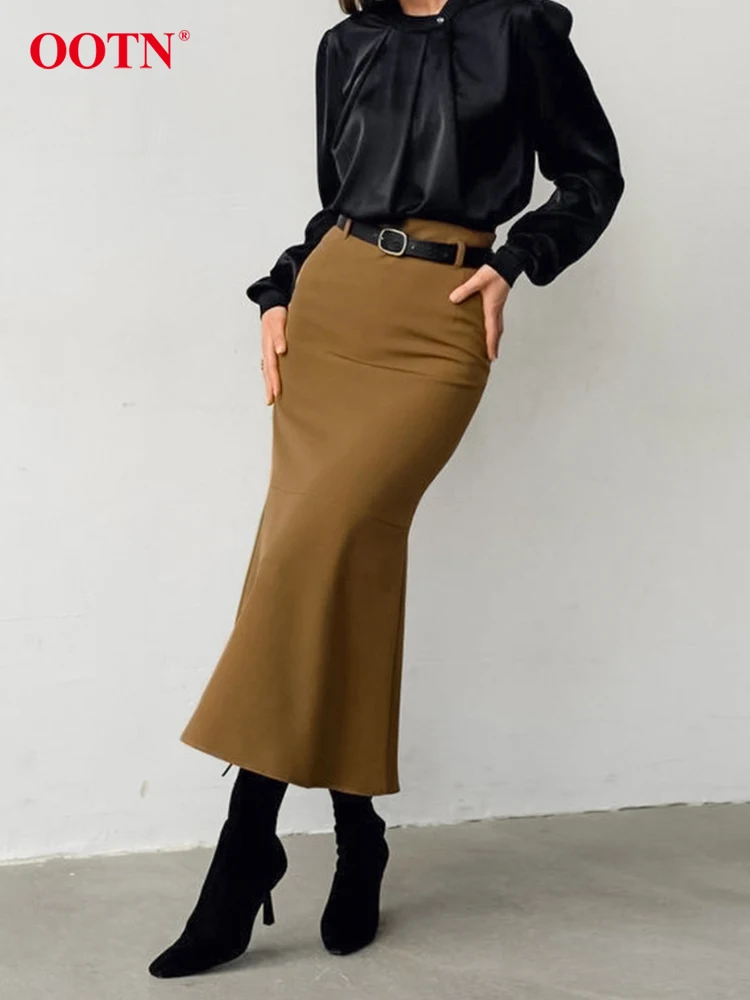 OOTN Autumn Brown Trumpet Skirts Women 2024 Fashion Solid Thin Office Lady Long Skirts Elegant High Waist Party Midi Skirts Sexy