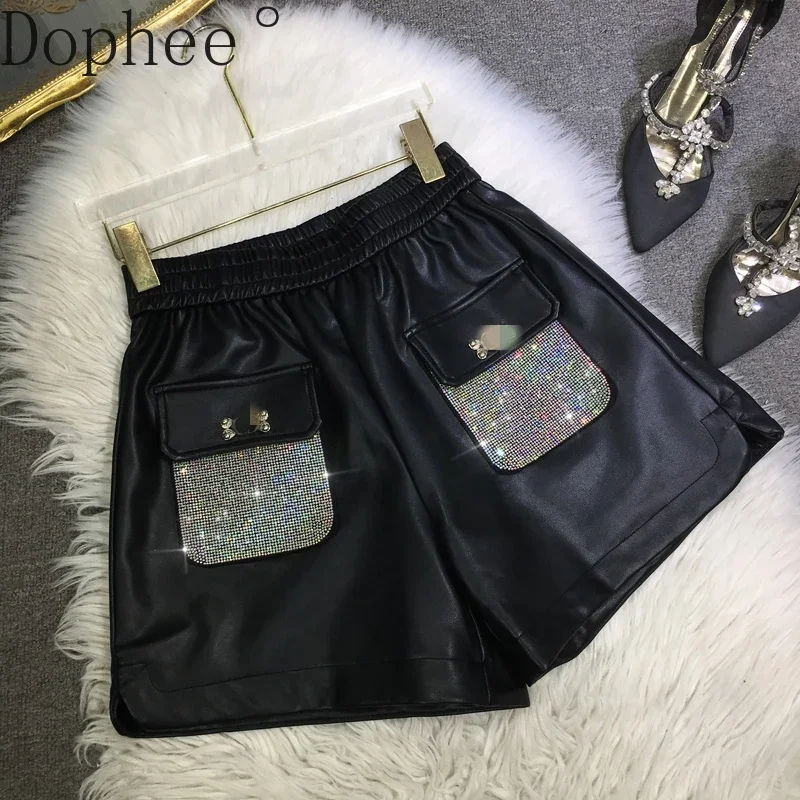 New Autumn Winter All-match Elastic Waist PU Leather Shorts Personality Pockets Hot Drilling Streetwear A-line Women Shorts