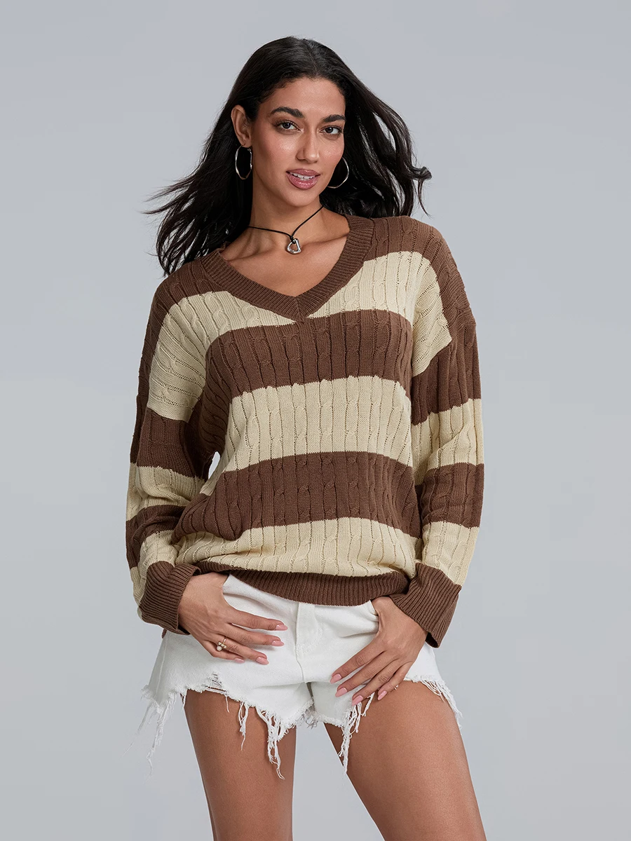 Women s Autumn Loose Sweaters Stripe Print V-Neck Long Sleeve Knitwear Classic Knit Tops