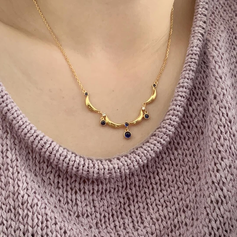 ENSHIR Moon Blue Zircon Water droplets Lace Necklace for Women Girls Vintage Delicate French Princess Jewelry Gifts Wholesale