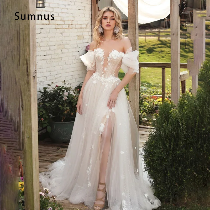 Romântico flor apliques vestido de casamento mergulhando pescoço fenda lateral destacável puff manga tule voltar princesa vestido noiva gelinlik