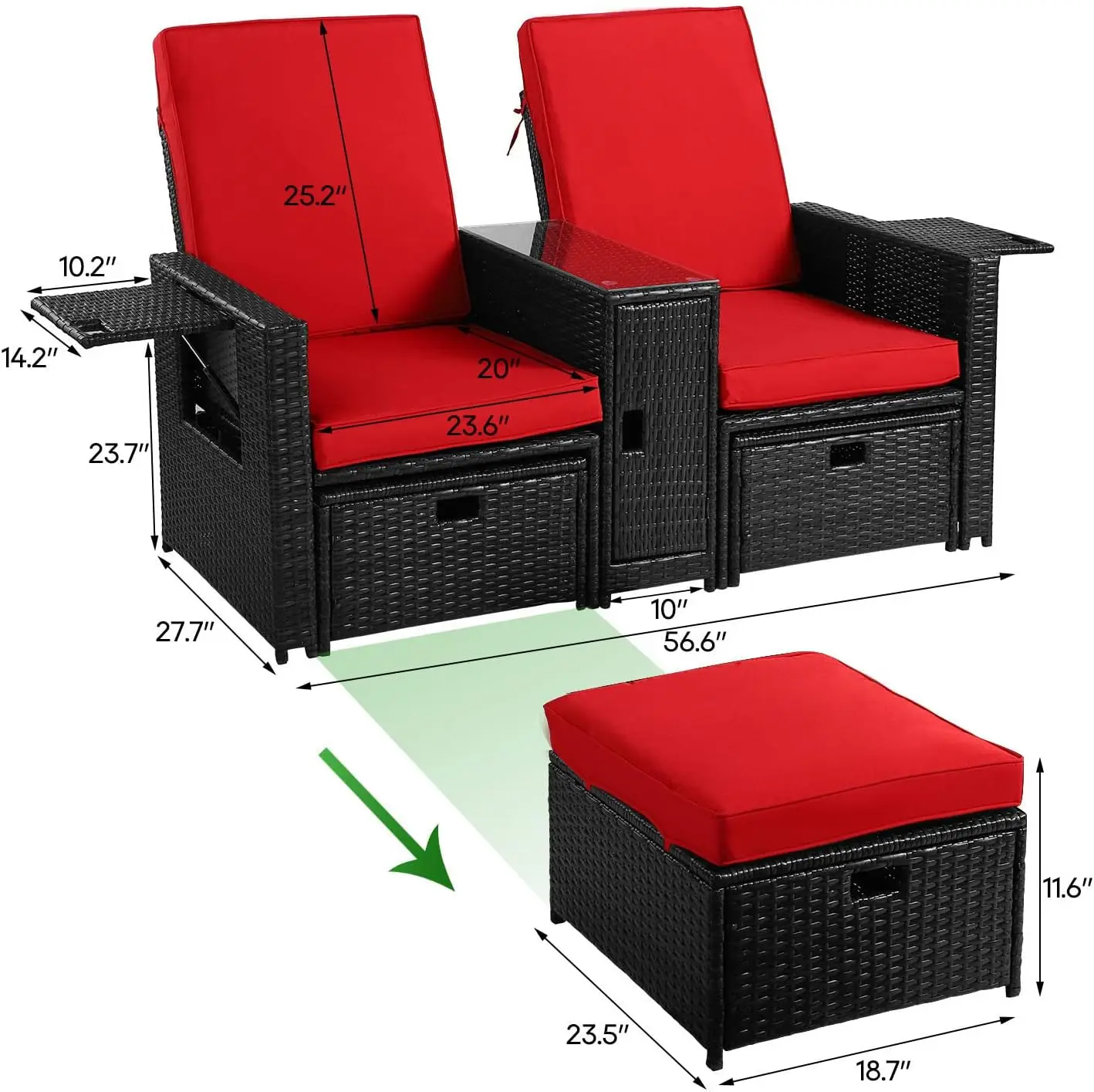 Patio Wicker Loveseat - Outdoor Rattan Sofa Set with Cushion-Adjustable Lounge Chair ，Wicker Furniture for Garden, Patio,Balcony