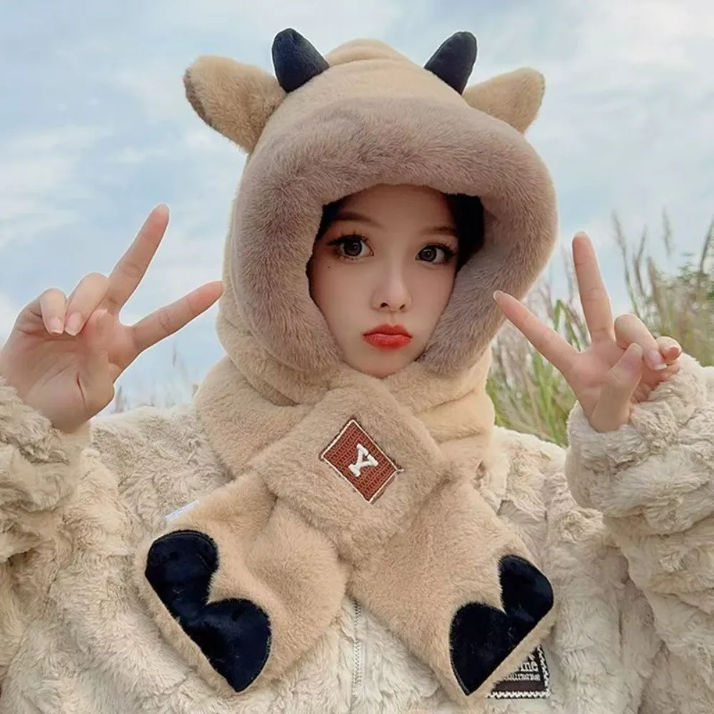 

New Thickened Plush Hat Scarf Gloves Set Winter Warm Ram's Horn Women Beanies Cap Cute Rabbit Ear Hat Outdoor