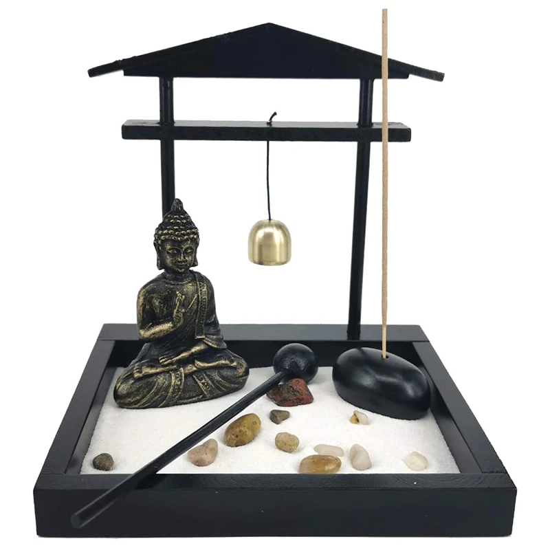 Desktop Zen Sand Garden Meditating Buddha Statue,Mini Zen Garden Sand Tray Kit for Home Office Decor