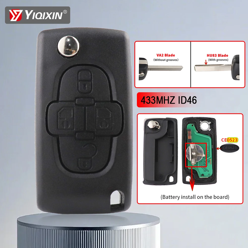 4 Buttons 433Mhz ID46 PCF7941 Chip Flip Remote Car Key For Peugeot 807 1007 For Citroen C8 2002-2014 VA2/HU82 Blade CE0523 ASK