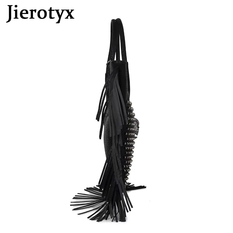 JIEROTYX Women Black Tassel Bags Classic PU Leather Shoulder Bags Gothic Rivets Skull Large Handbags Purse Shoulder Tote