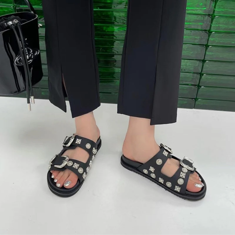 Summer Women Slippers 4cm Platform Leather Slippers Punk Hip-Hop Metal Decorative Mules Chains Thick Bottom Rhinestone Slides 40