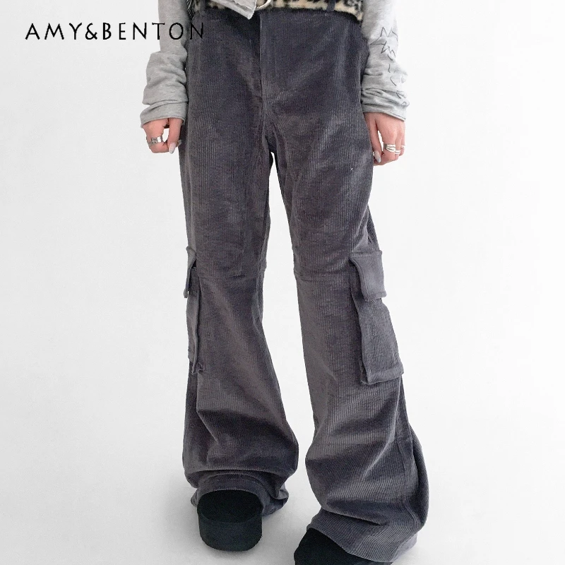 

Vintage Design Corduroy Women's Bell-bottoms 2025 Autumn Winter New Workwear Pocket Low Waist Slimming Y2K Long Pants Ladies