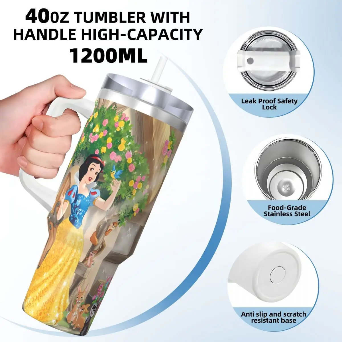 Snow White Princess Tumbler Hot Drinks Water Bottle Portable Stainless Steel Thermal Mug Custom Beach Car Mugs