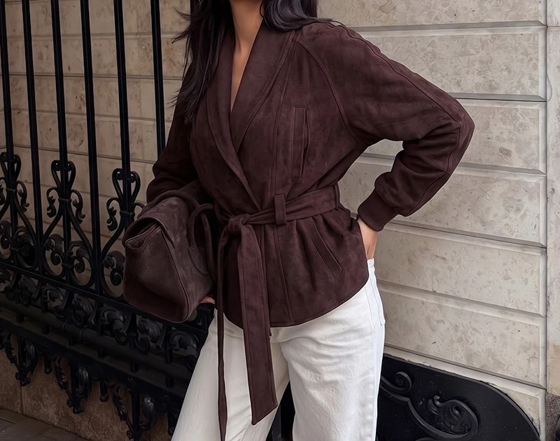 2026 Autumn and Winter New Retro Long Sleeved Jacket for Women, Double Layered Belt for Women