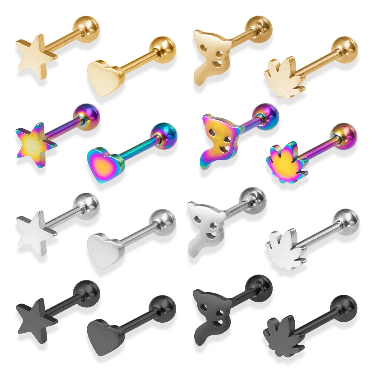 1PCS Steel Heart Tongue Piercing Batbell 14G Stainless Steel Fox Tongue Rings Jewelry Cute Star Leaf Tongue Piercing